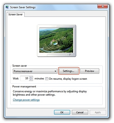 Windows Screen Saver Settings Dialog - with 'Settings' highlighted