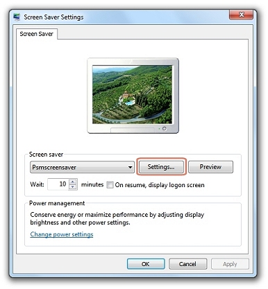 Windows Screen Saver Settings Dialog - with 'Settings' highlighted